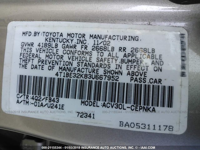 4T1BE32K83U667952 - 2003 TOYOTA CAMRY LE/XLE/SE TAN photo 9