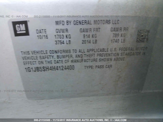 1G1JB5SH4H4124400 - 2017 CHEVROLET SONIC LS 银色 照片 9