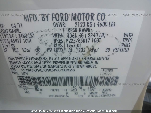 1FMCU9EG9BKC10823 - 2011 FORD ESCAPE LIMITED WHITE photo 9