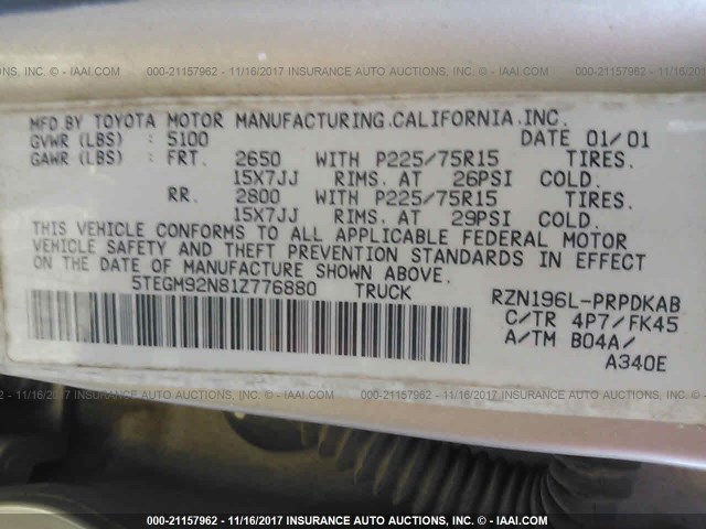 5TEGM92N81Z776880 - 2001 TOYOTA TACOMA DOUBLE CAB PRERUNNER GOLD photo 9