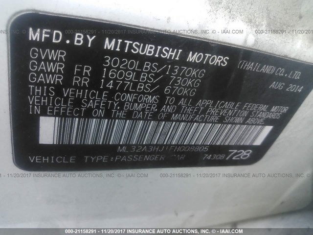 ML32A3HJ1FH008805 - 2015 MITSUBISHI MIRAGE DE WHITE photo 9