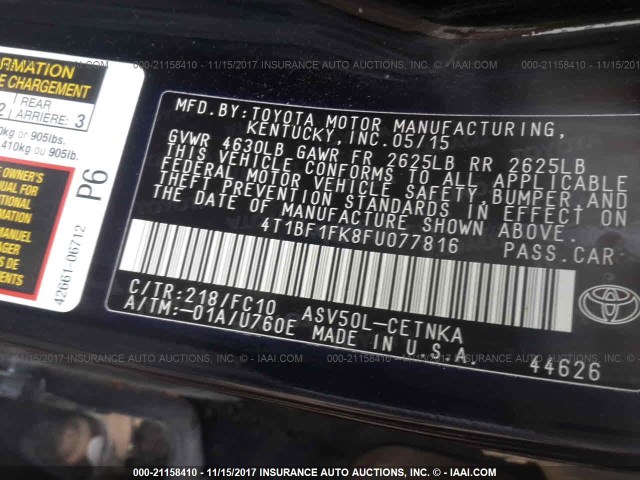 4T1BF1FK8FU077816 - 2015 TOYOTA CAMRY LE/XLE/SE/XSE Schwarz Foto 9