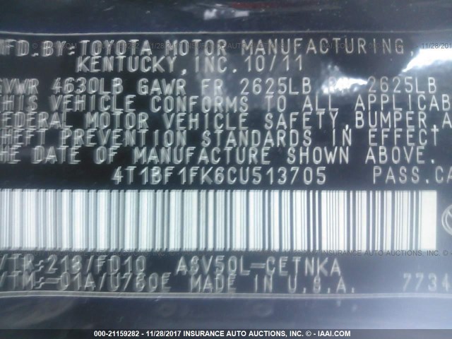 4T1BF1FK6CU513705 - 2012 TOYOTA CAMRY SE/LE/XLE 黑色 照片 9