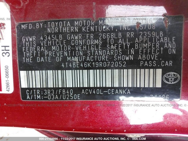 4T4BE46K19R072052 - 2009 TOYOTA CAMRY SE/LE/XLE RED photo 9