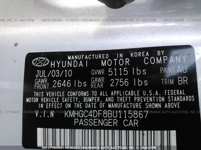 KMHGC4DF8BU115867 - 2011 HYUNDAI GENESIS 4.6L SILVER photo 9