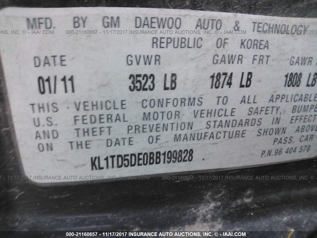 KL1TD5DE0BB199828 - 2011 CHEVROLET AVEO LS/LT 黑色 照片 9