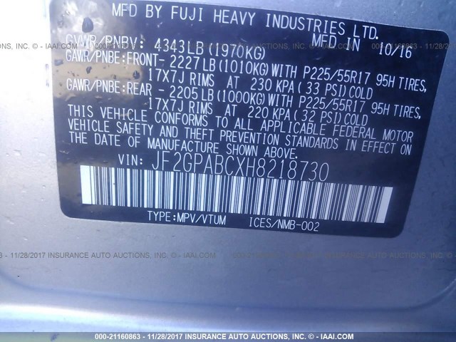 JF2GPABCXH8218730 - 2017 SUBARU CROSSTREK PREMIUM ვერცხლისფერი ფოტო 9