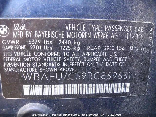 WBAFU7C59BC869631 - 2011 BMW 535 XI Mavi foto 9