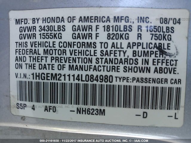 1HGEM21114L084980 - 2004 HONDA CIVIC DX VP SILVER photo 9