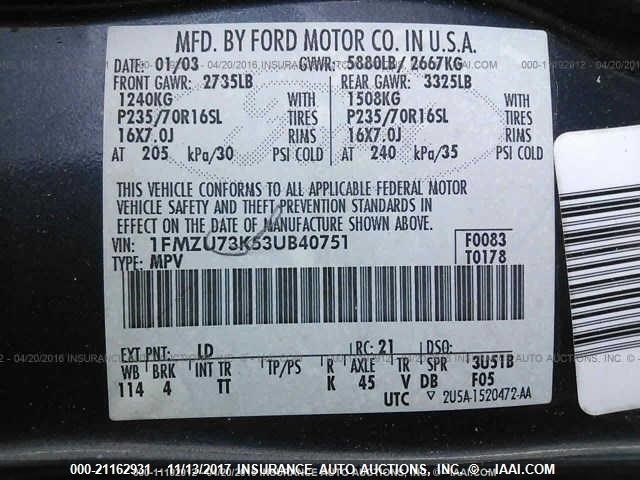 1FMZU73K53UB40751 - 2003 FORD EXPLORER XLT/XLT SPORT/NBX BLUE photo 9