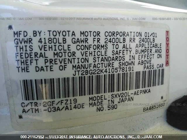 JT2BG22K410578191 - 2001 TOYOTA CAMRY CE/LE/XLE 白色 照片 9