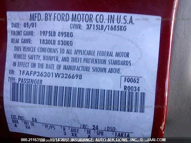 1FAFP36301W326698 - 2001 FORD FOCUS SE/SE COMFORT RED photo 9