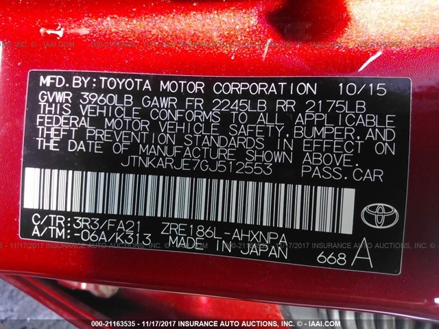 JTNKARJE7GJ512553 - 2016 TOYOTA SCION IM RED photo 9