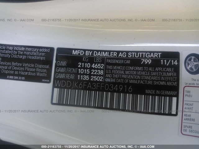 WDDJK6FA3FF034916 - 2015 MERCEDES-BENZ SL 400 WHITE photo 9