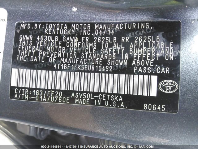 4T1BF1FK5EU810452 - 2014 TOYOTA CAMRY L/SE/LE/XLE Boz foto 9