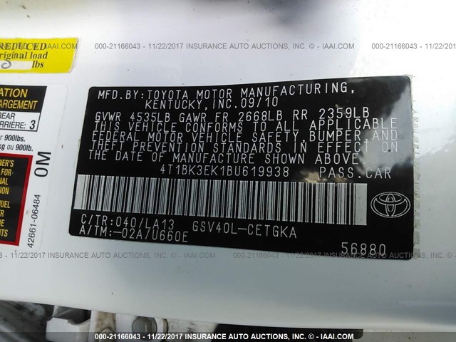 4T1BK3EK1BU619938 - 2011 TOYOTA CAMRY SE/LE/XLE WHITE photo 9