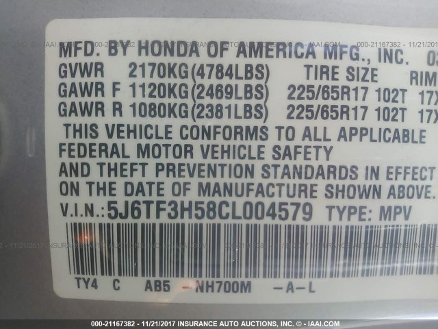 5J6TF3H58CL004579 - 2012 HONDA CROSSTOUR EXL ვერცხლისფერი ფოტო 9