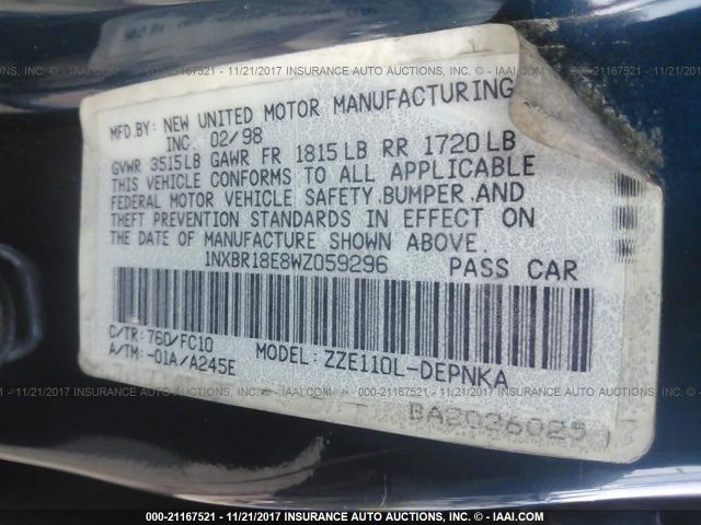 1NXBR18E8WZ059296 - 1998 TOYOTA COROLLA VE/CE/LE BLUE photo 9