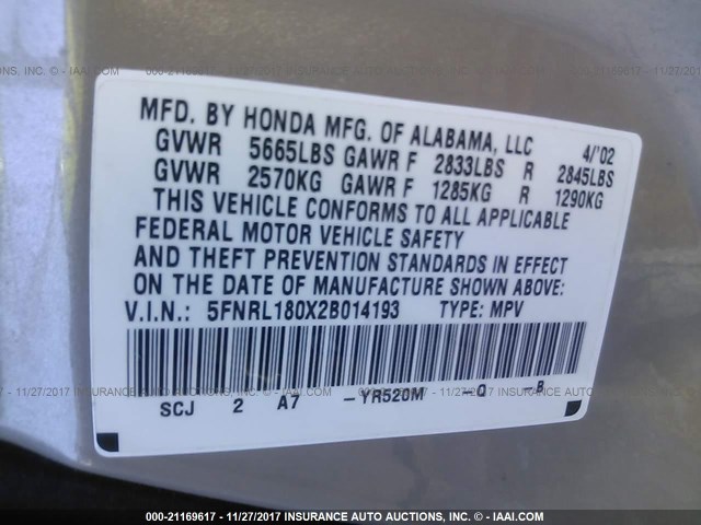 5FNRL180X2B014193 - 2002 HONDA ODYSSEY EXL TAN photo 9