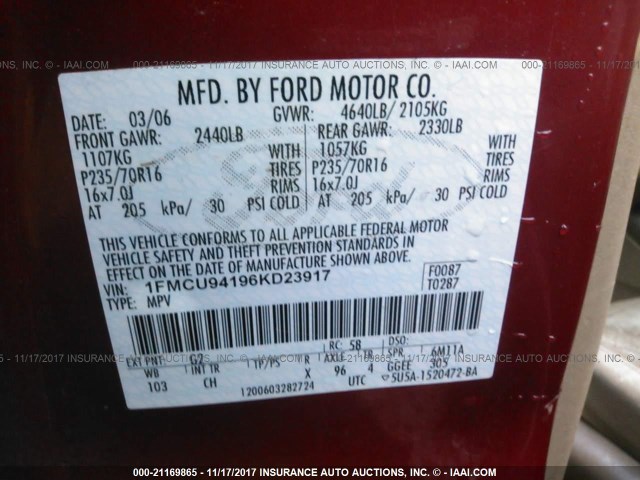 1FMCU94196KD23917 - 2006 FORD ESCAPE LIMITED RED photo 9