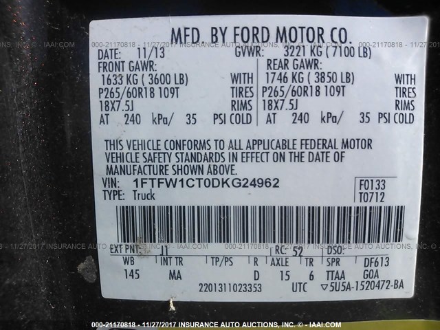 1FTFW1CT0DKG24962 - 2013 FORD F150 SUPERCREW BLACK photo 9