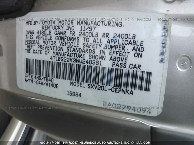 4T1BG22K3WU240381 - 1998 TOYOTA CAMRY CE/LE/XLE 棕色 照片 9