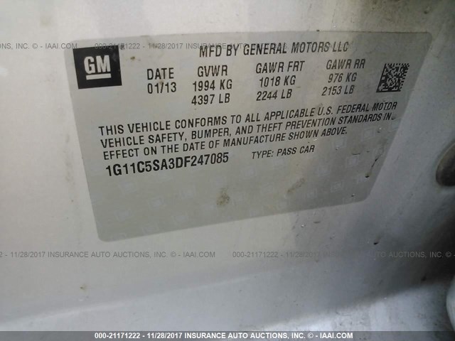 1G11C5SA3DF247085 - 2013 CHEVROLET MALIBU 1LT 银色 照片 9