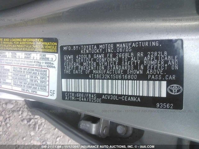 4T1BE32K15U616800 - 2005 TOYOTA CAMRY LE/XLE/SE 青色 照片 9