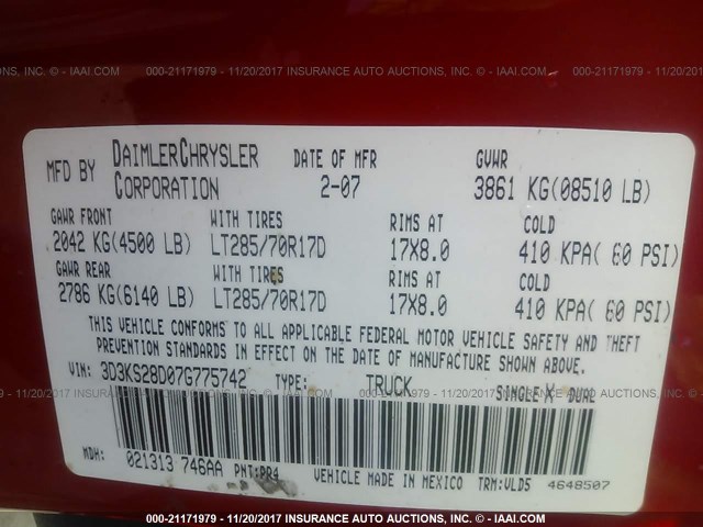 3D3KS28D07G775742 - 2007 DODGE RAM 2500 ST/SLT 红色 照片 9