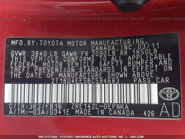 2T1BU4EE5BC594683 - 2011 TOYOTA COROLLA S/LE RED photo 9