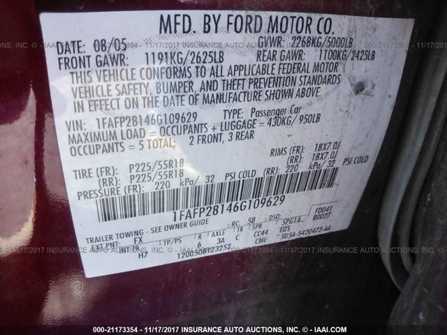 1FAFP28146G109629 - 2006 FORD FIVE HUNDRED LIMITED RED photo 9