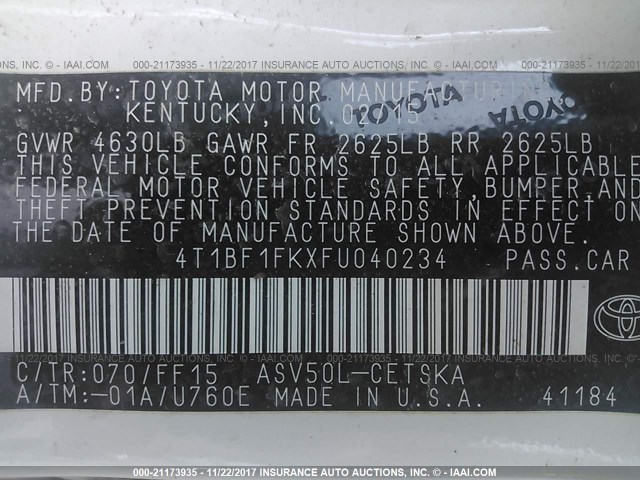 4T1BF1FKXFU040234 - 2015 TOYOTA CAMRY LE/XLE/SE/XSE WHITE photo 9