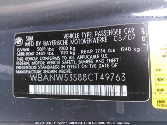 WBANW53588CT49763 - 2008 BMW 550 I GRAY photo 9