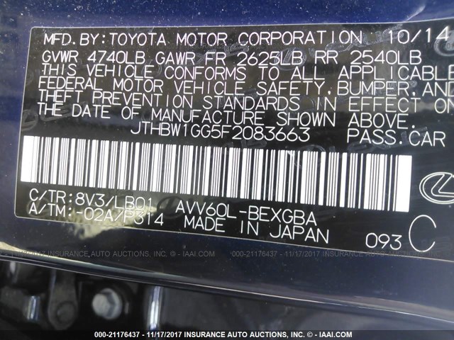 JTHBW1GG5F2083663 - 2015 LEXUS ES 300H BLACK photo 9