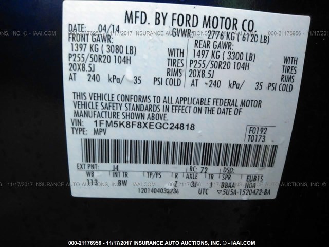 1FM5K8F8XEGC24818 - 2014 FORD EXPLORER LIMITED Mavi foto 9