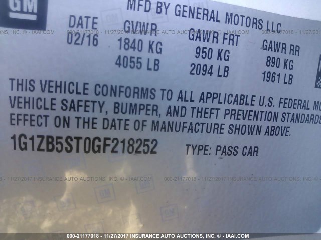 1G1ZB5ST0GF218252 - 2016 CHEVROLET MALIBU LS WHITE photo 9