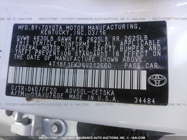 4T1BF1FK3GU213660 - 2016 TOYOTA CAMRY LE/XLE/SE/XSE Blanc photo 9