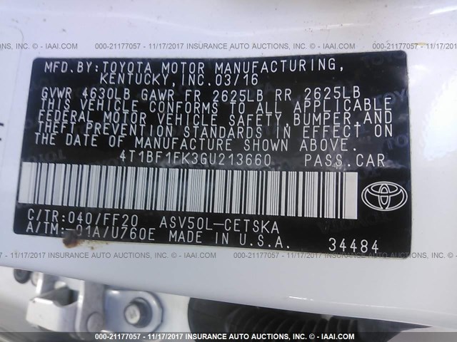 4T1BF1FK3GU213660 - 2016 TOYOTA CAMRY LE/XLE/SE/XSE WHITE photo 9