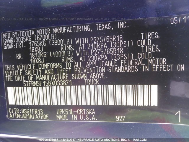 5TFRM5F15BX033871 - 2011 TOYOTA TUNDRA DOUBLE CAB SR5 BLUE photo 9