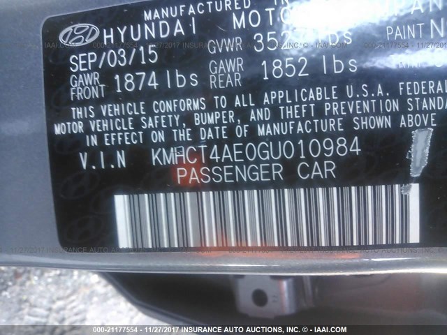 KMHCT4AE0GU010984 - 2016 HYUNDAI ACCENT SE GRAY photo 9