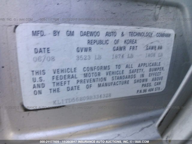 KL1TD56E09B334328 - 2009 CHEVROLET AVEO LS/LT 银色 照片 9