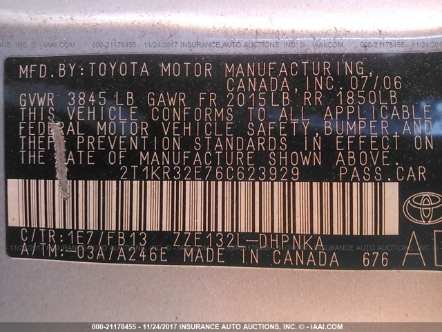 2T1KR32E76C623929 - 2006 TOYOTA COROLLA MATRIX XR GRAY photo 9