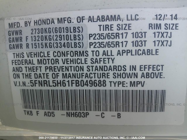 5FNRL5H61FB049688 - 2015 HONDA ODYSSEY EXL WHITE photo 9