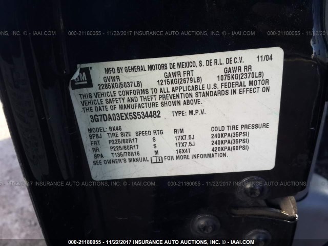 3G7DA03EX5S534482 - 2005 PONTIAC AZTEK BLACK photo 9