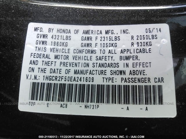 1HGCR2F50EA241609 - 2014 HONDA ACCORD SPORT 黑色 照片 9