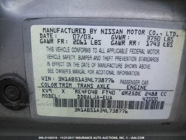 3N1AB51A34L738776 - 2004 NISSAN SENTRA 2.5S GOLD photo 9