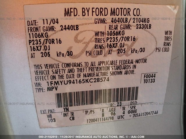 1FMYU94165KC28574 - 2005 FORD ESCAPE LIMITED SILVER photo 9