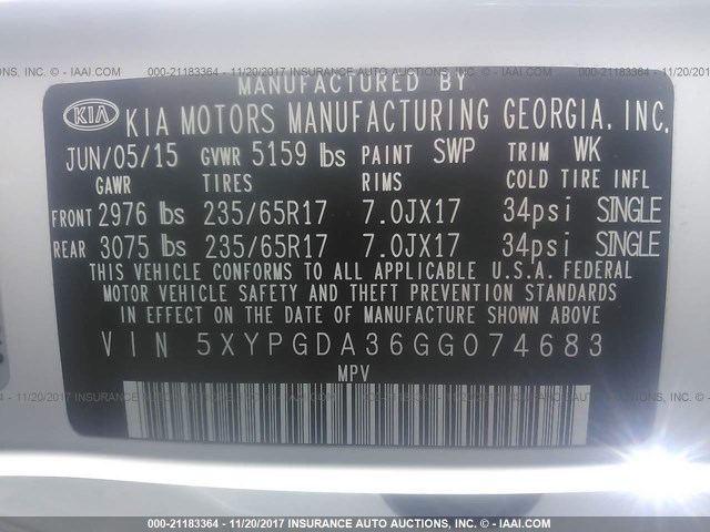 5XYPGDA36GG074683 - 2016 KIA SORENTO LX/L WHITE photo 9