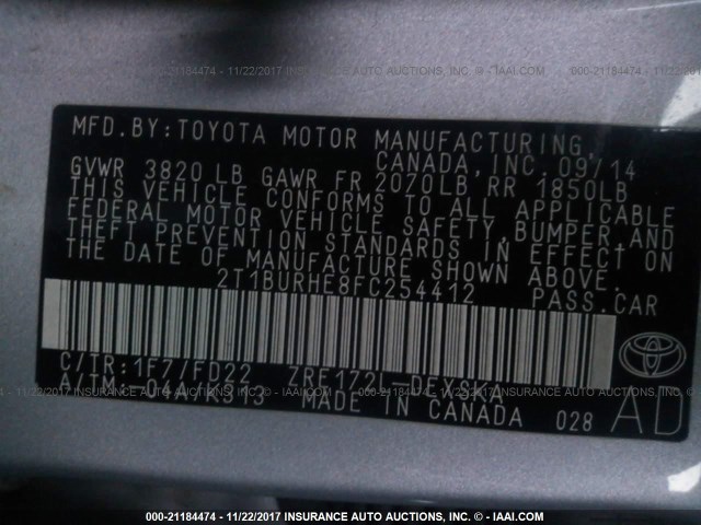 2T1BURHE8FC254412 - 2015 TOYOTA COROLLA L/LE/LE PLS/PRM/S/S PLS SILVER photo 9