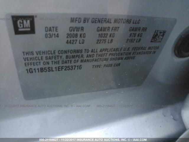 1G11B5SL1EF253716 - 2014 CHEVROLET MALIBU LS 银色 照片 9